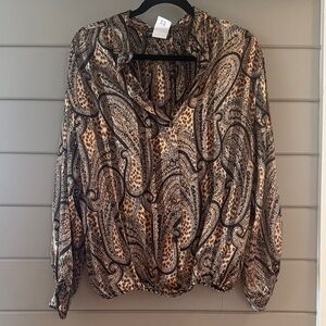 Epic 70s Paisley Print Long-Sleeve Blouse with gatherer hem